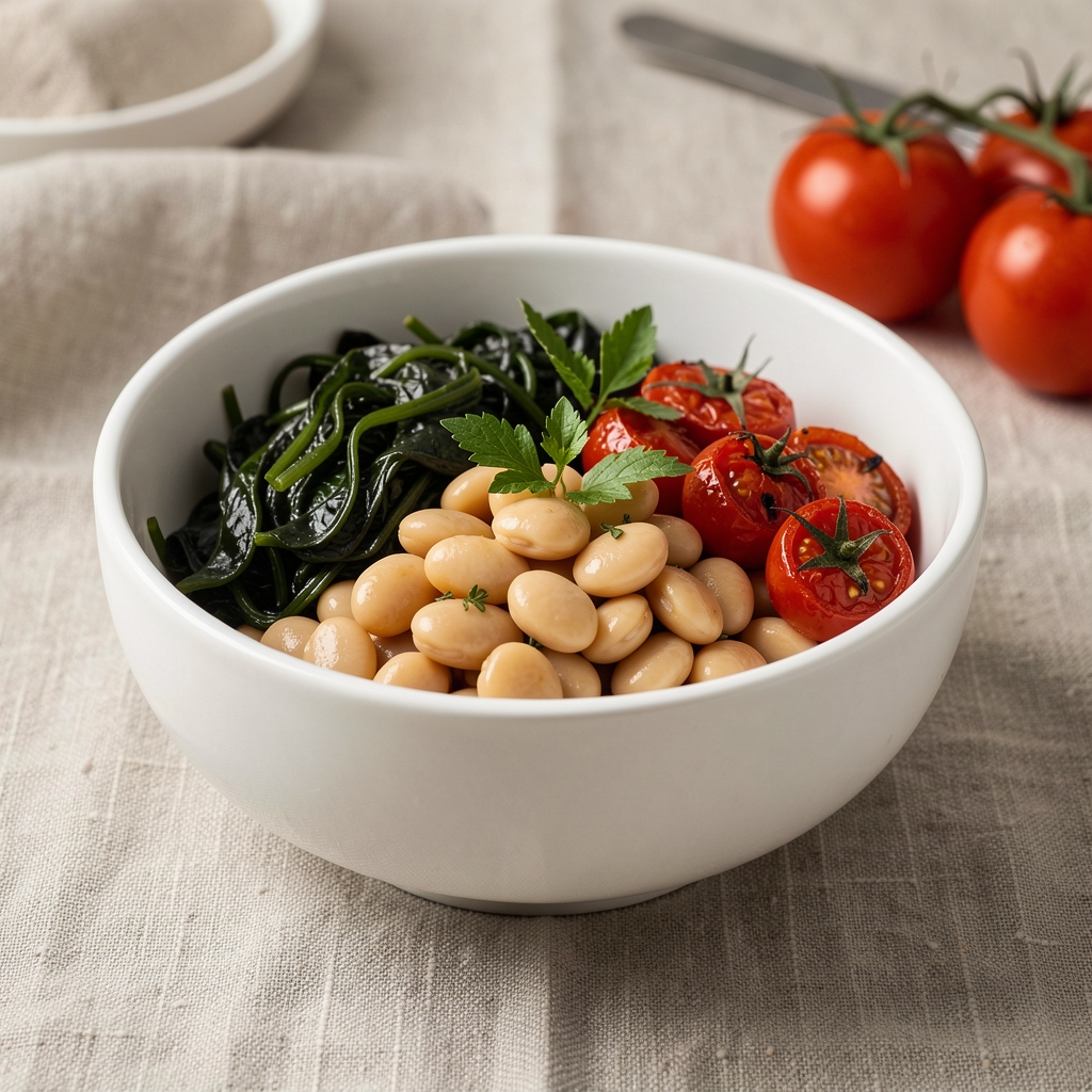 White bowl of cannellini beans, dark leafy greens, herbs and roasted tomatoes on a linen-covered table