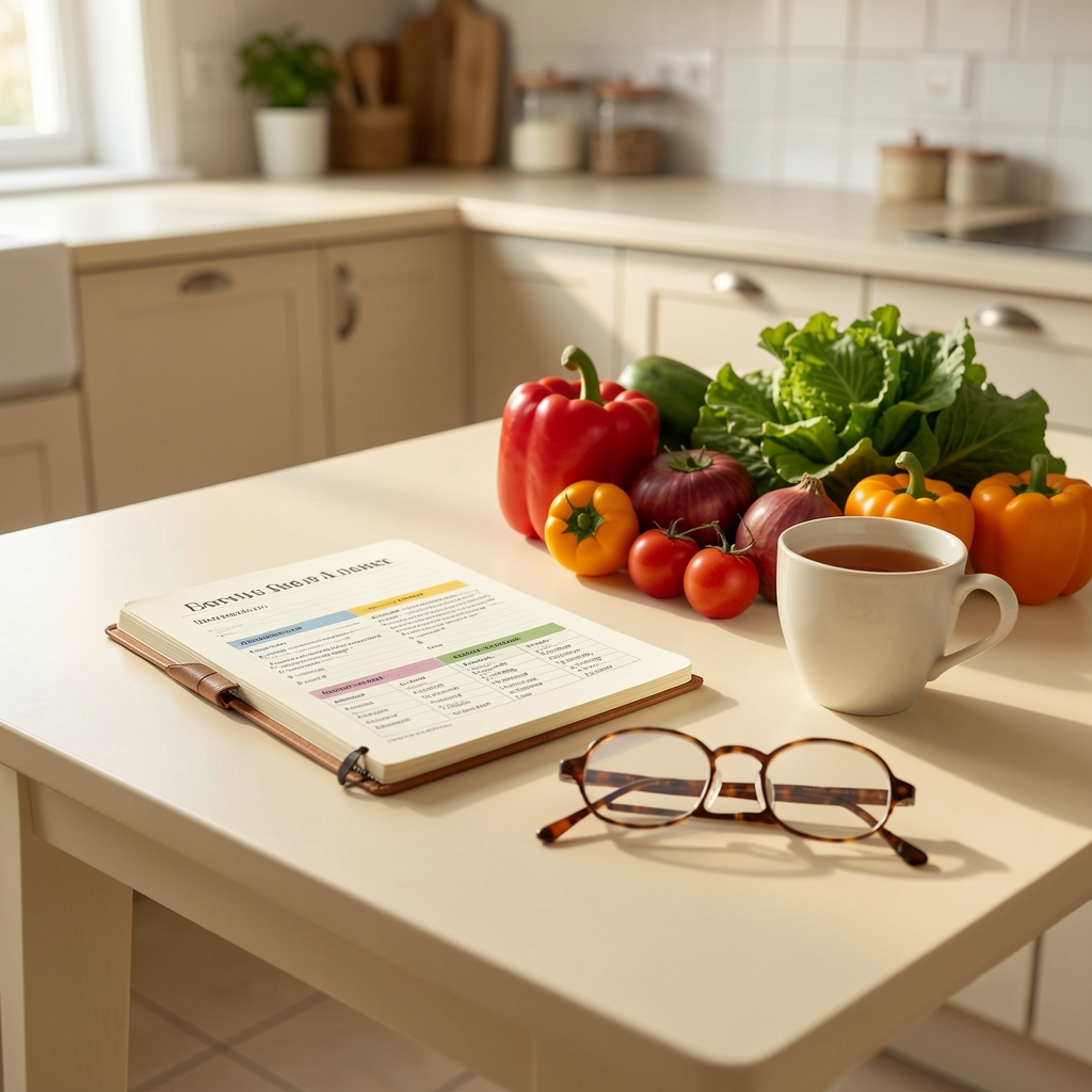 Cream-toned kitchen table with a nutrition notebook, seasonal vegetables, reading glasses and a cup of tea in soft morning light