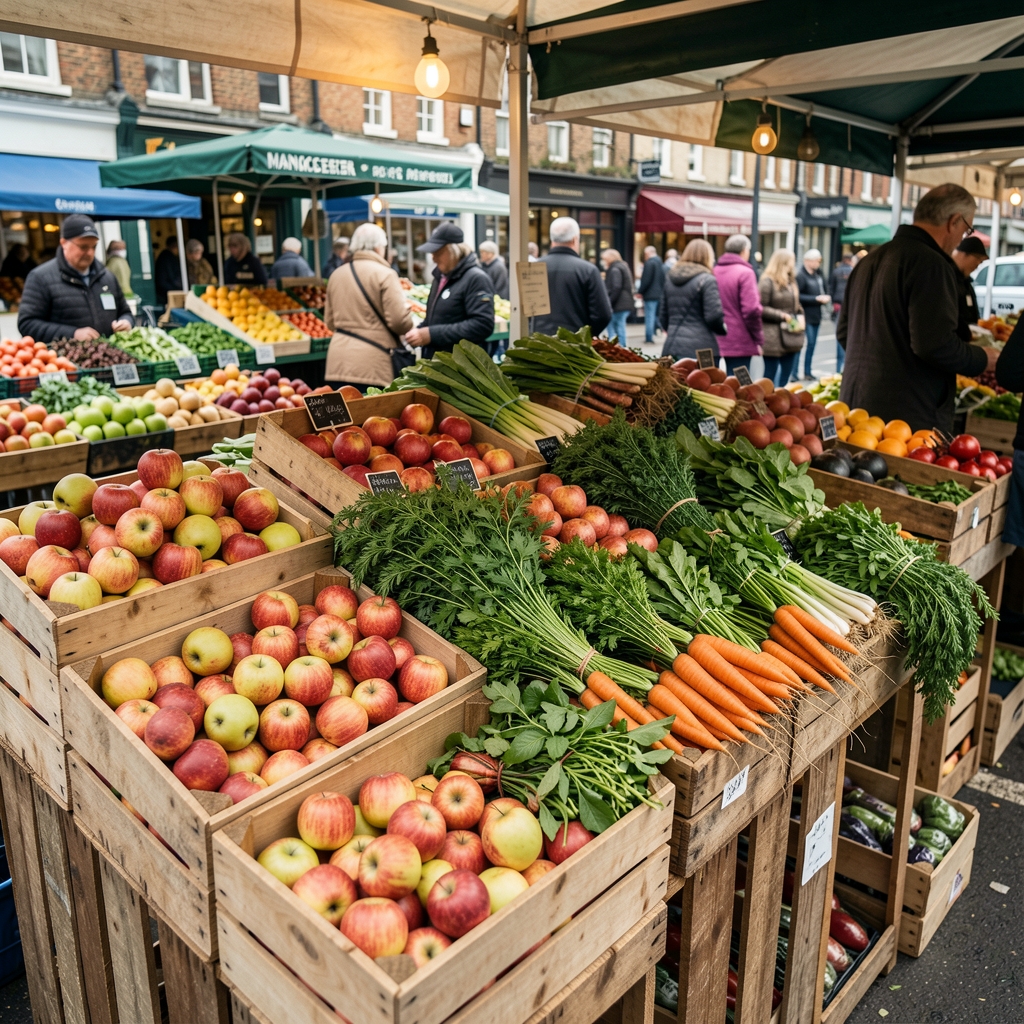 Manchester market stall with seasonal British apples, carrots, greens and herbs arranged in wooden crates