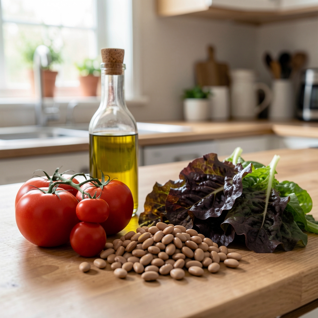 Fresh tomatoes, olive oil, beans and dark leafy greens on a kitchen counter in natural light