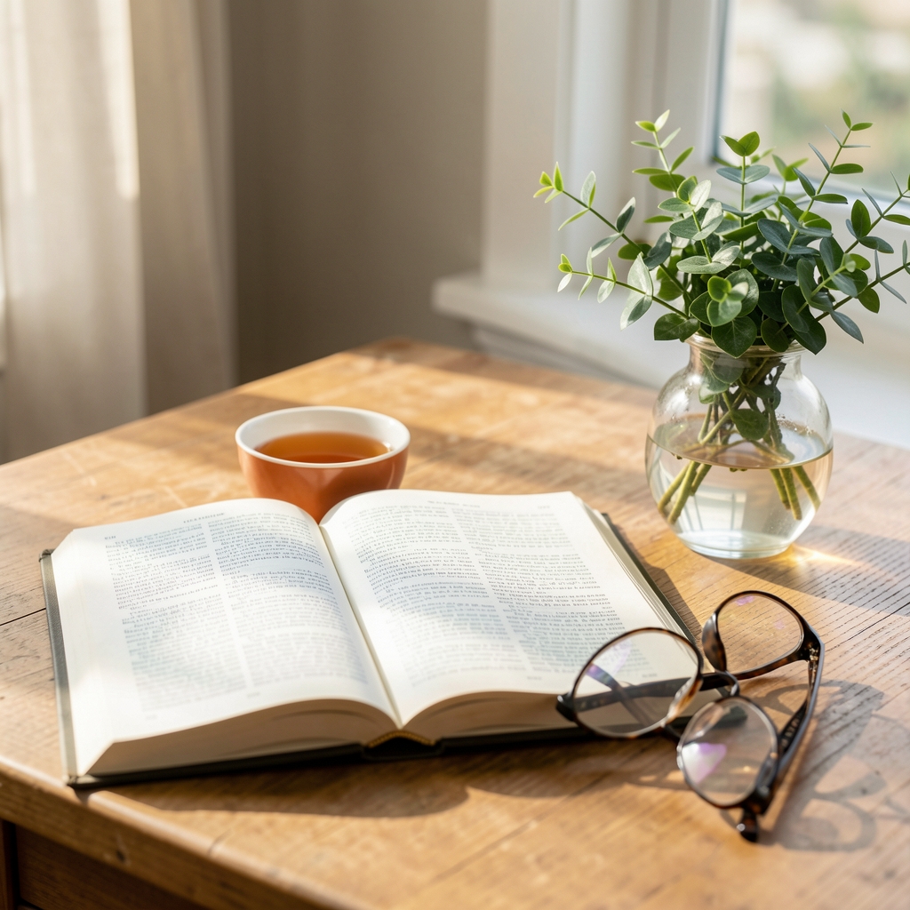 Open health reading journal beside herbal tea, spectacles and a small vase of green foliage in natural light