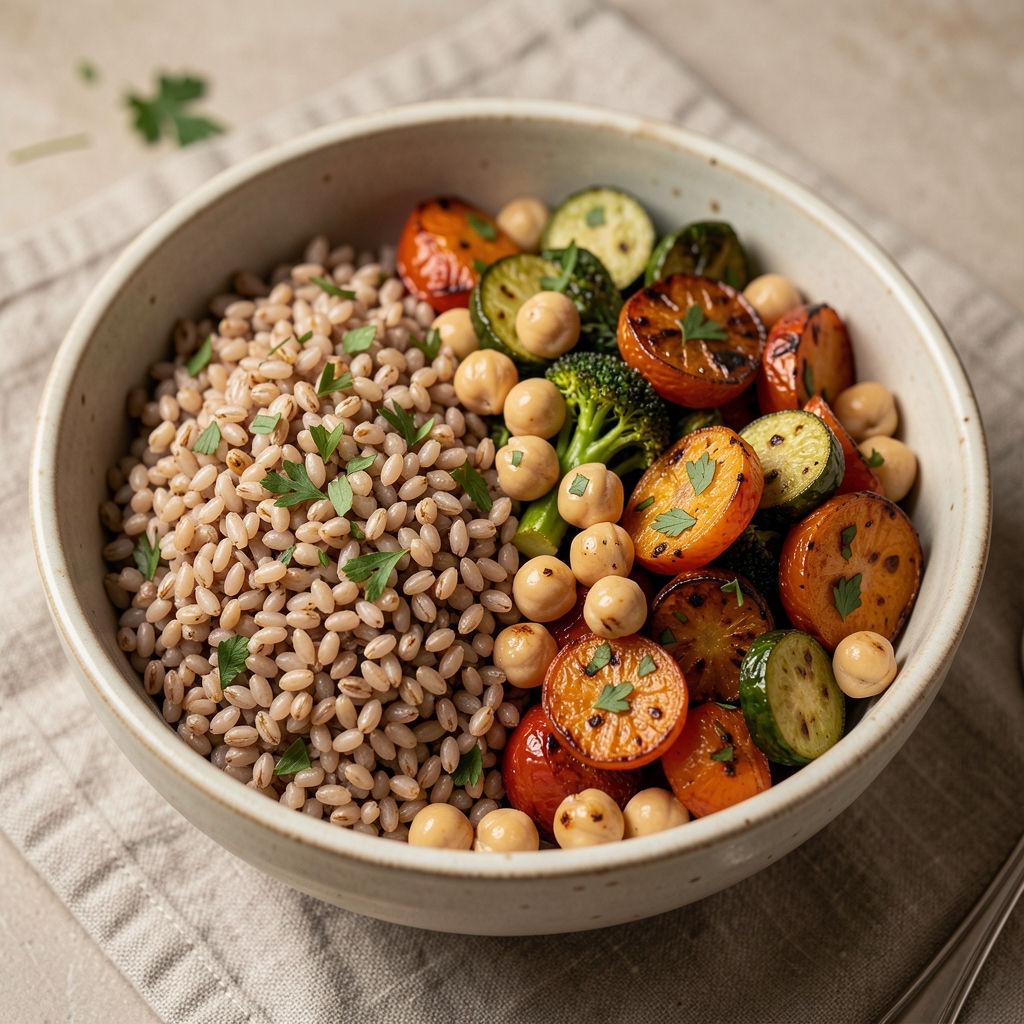Wholegrain lunch with barley, roasted vegetables, chickpeas and herbs served in a ceramic bowl